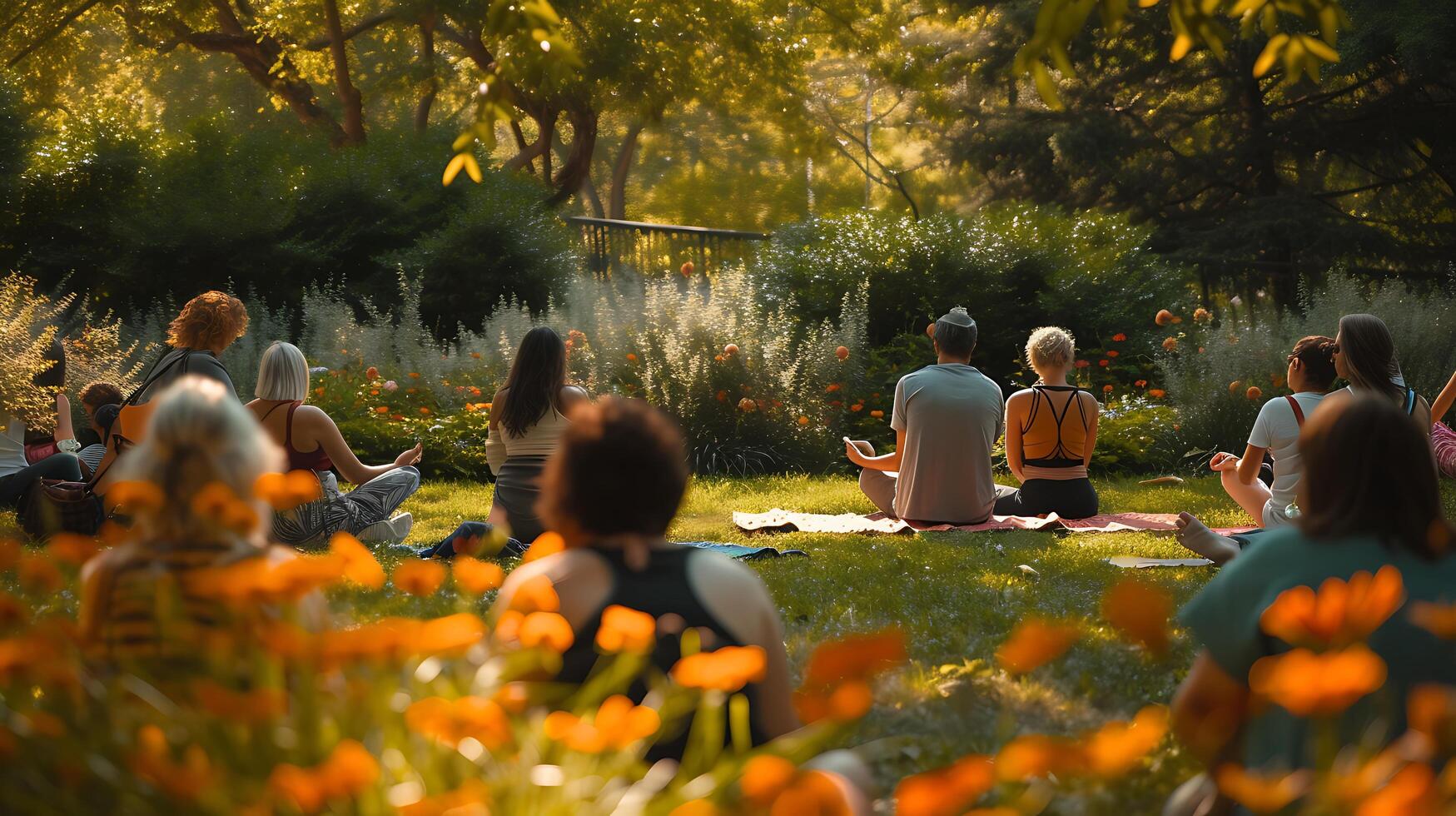 AI generated Diverse Group Harmony Activities Conversations and Yoga in a Peaceful Sunlit Garden photo
