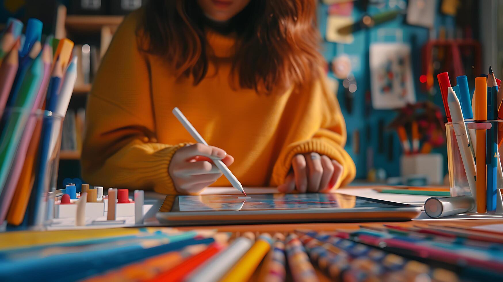 AI generated Graphic Designer Immersed in Digital Creations at Cluttered Desk with Color Swatches Pencils and Sketchbooks photo