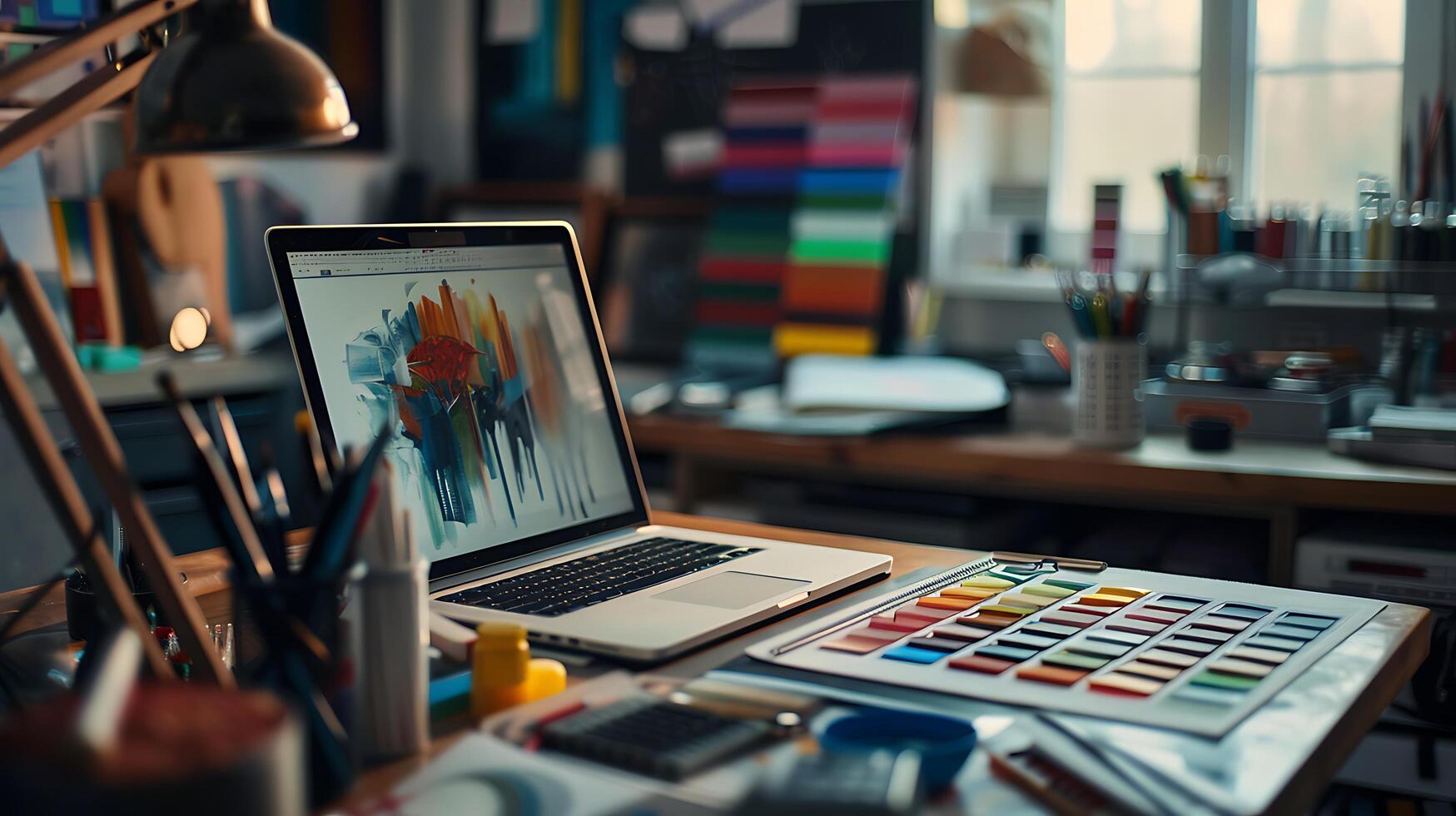 AI generated Graphic Designer Immersed in Creative Process Surrounded by Color Swatches and Design Sketches photo