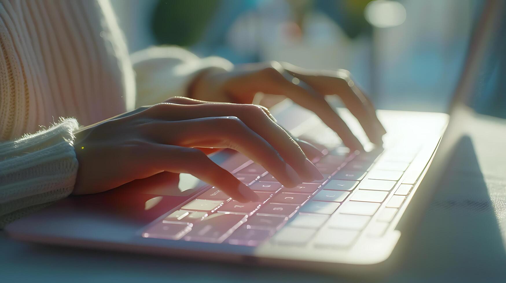AI generated Woman Typing on Modern Laptop in Stylish Workspace Bathed in Soft Natural Light photo