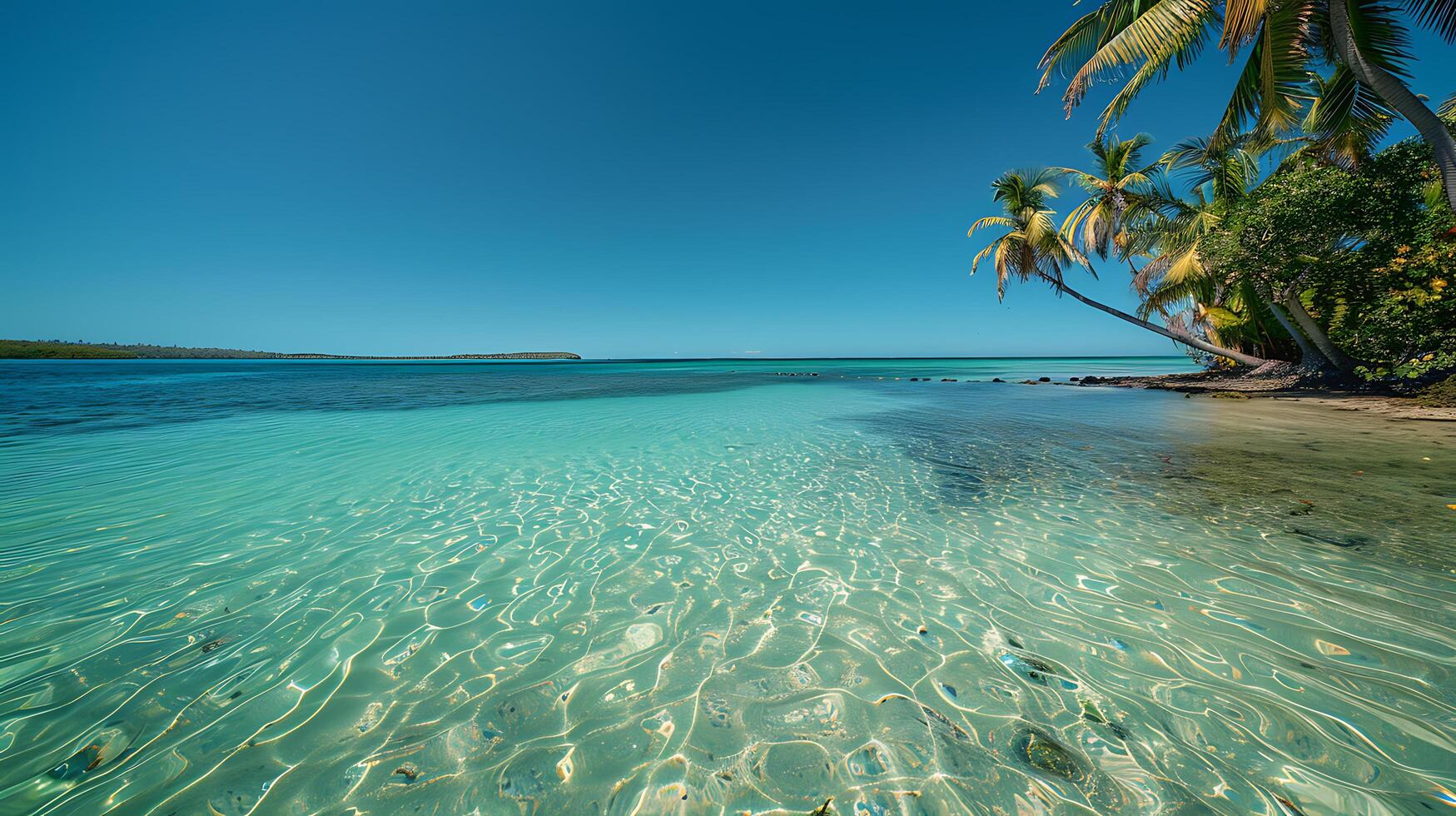 AI generated Tropical Paradise Crystal Clear Waters Palm Trees and Blue Skies photo