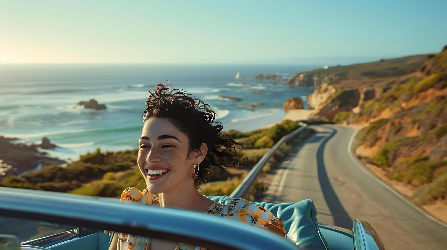 AI generated Young Woman Drives Vintage Convertible Smiling on Scenic Coastal Road with Ocean View photo