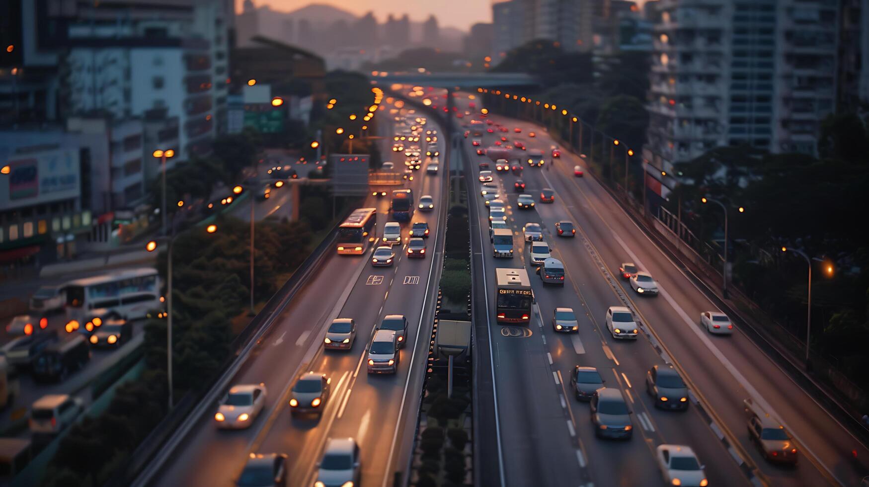 AI generated Bustling Cityscape Captured with 50mm Lens Showcasing Busy Highway and Public Transportation photo