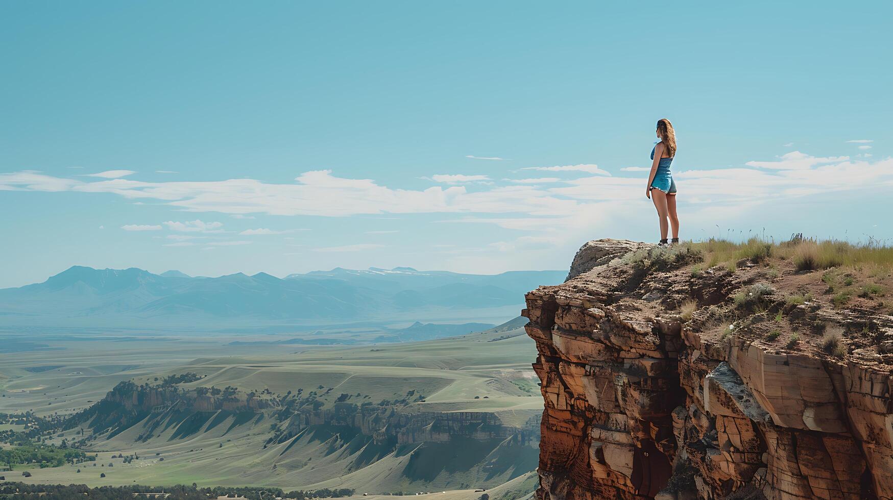 AI generated Woman Stands on Cliff Gazing at Picturesque Mountain Landscape with Clear Blue Sky photo