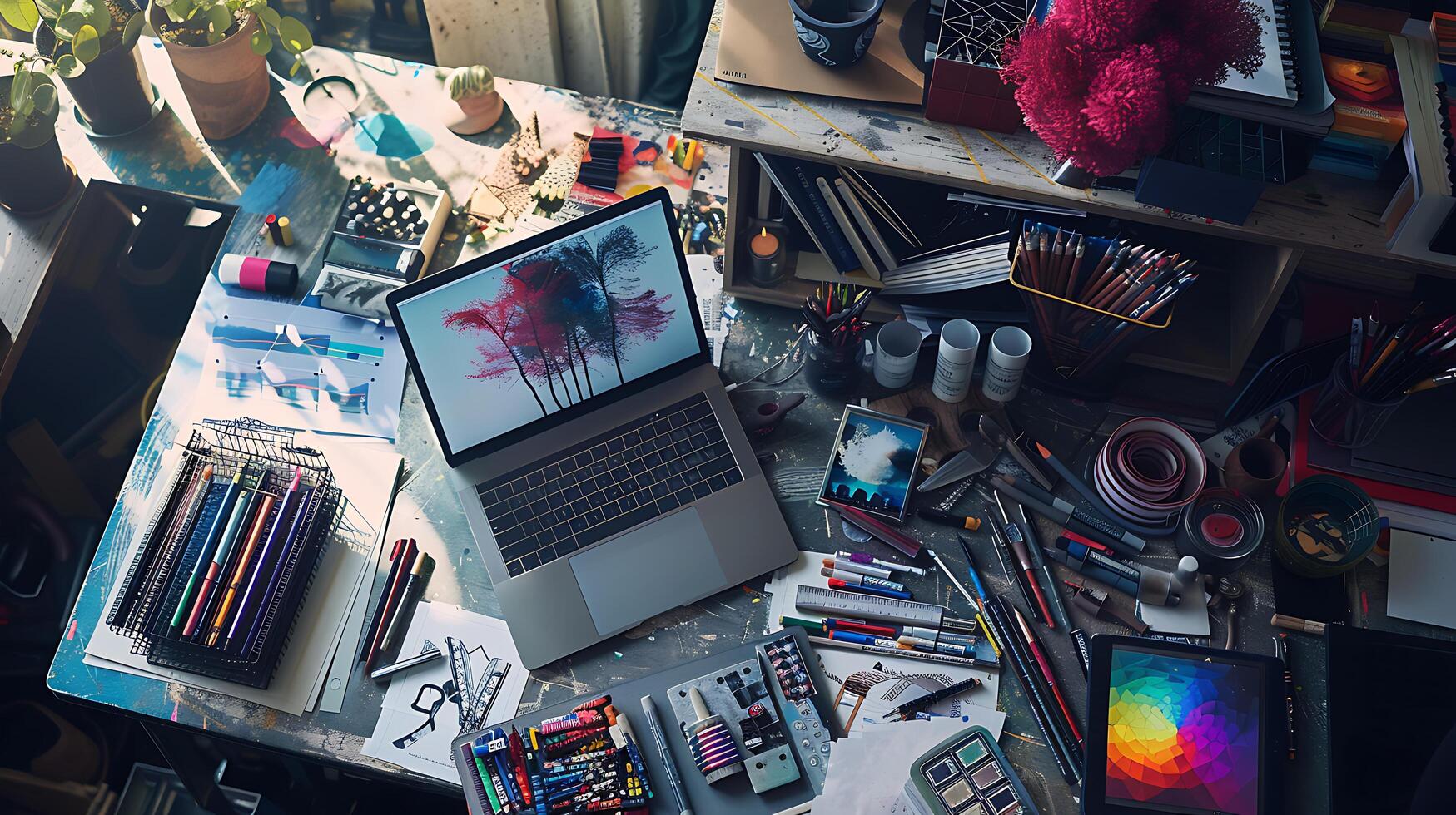 AI generated Designers Desk Laptop Tablet Graphic Tools in Warm Natural Light Wide Shot Embraces Cluttered Creative Workspace photo