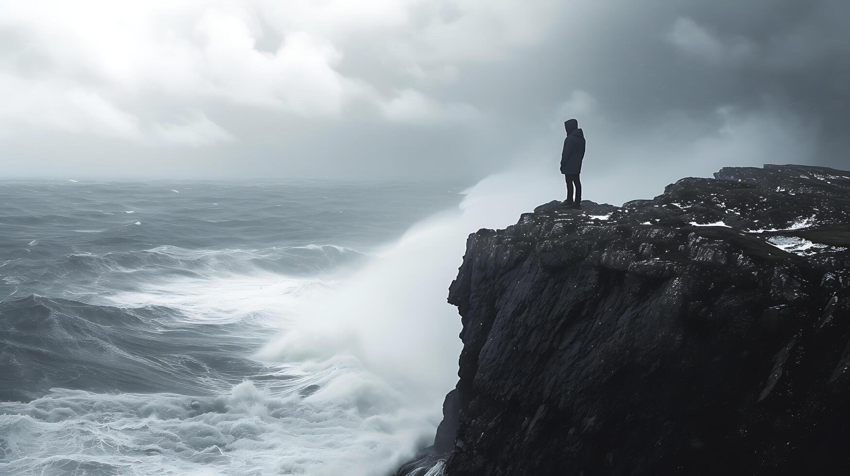 AI generated Determined Figure Faces Turbulent Sea with Unwavering Resolve on Rugged Cliff Edge photo