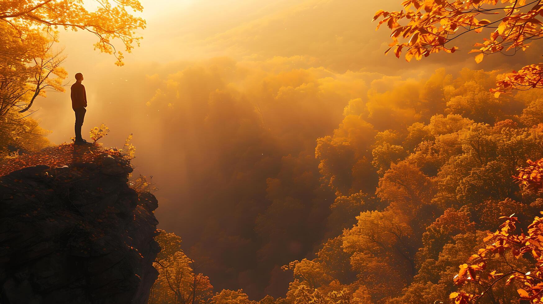 AI generated Contemplative Figure Embraces Autumn Change Gazing Over Sunlit Valley with Determination photo