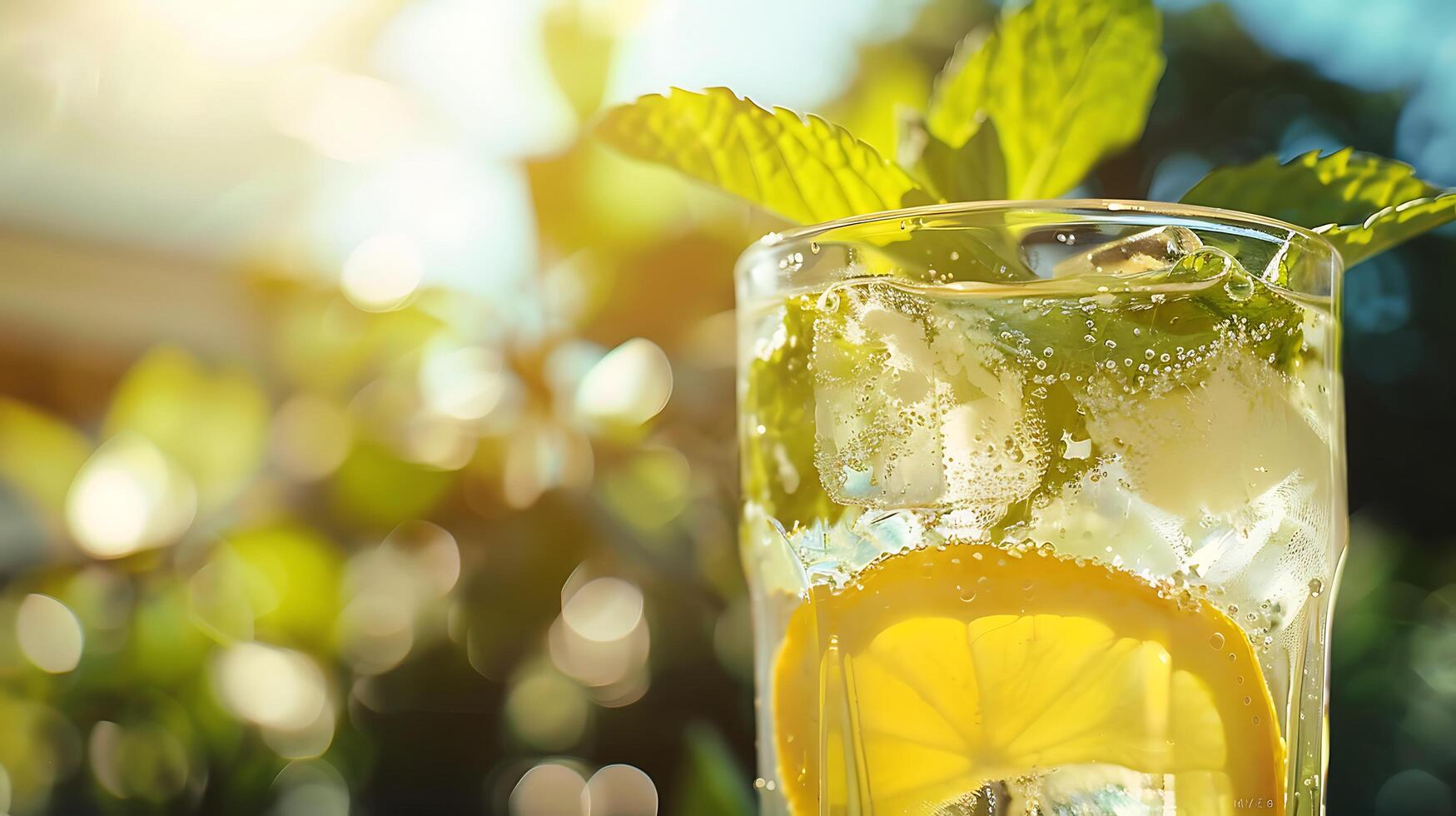 AI generated Refreshing Lemonade Delight CloseUp with Ice Lemon and Mint Captured with Crisp Detail photo