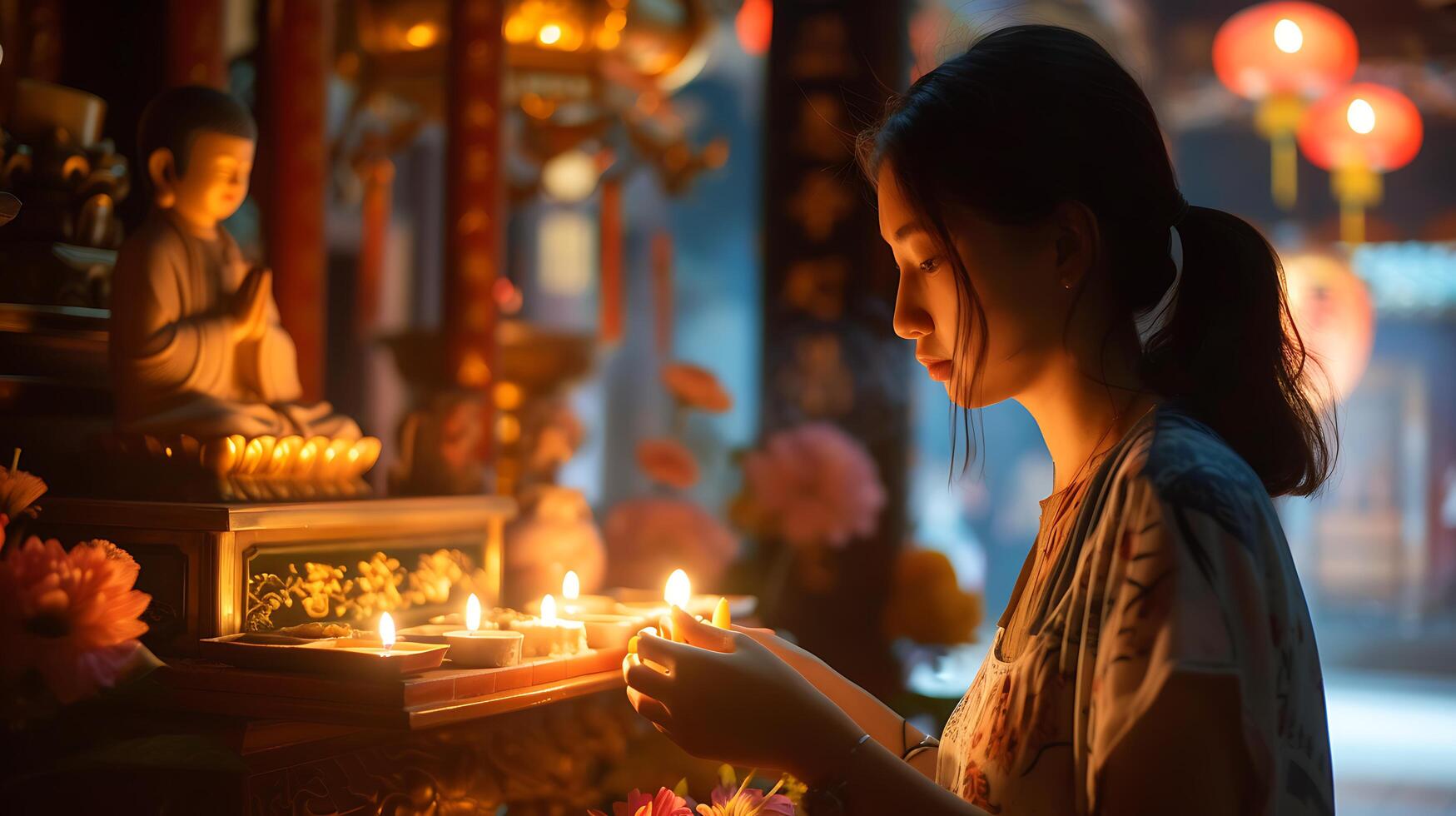 AI generated Woman Illuminates Cathedral with Candlelight Stained Glass Patterns Dance in Dimly Lit Ambiance photo