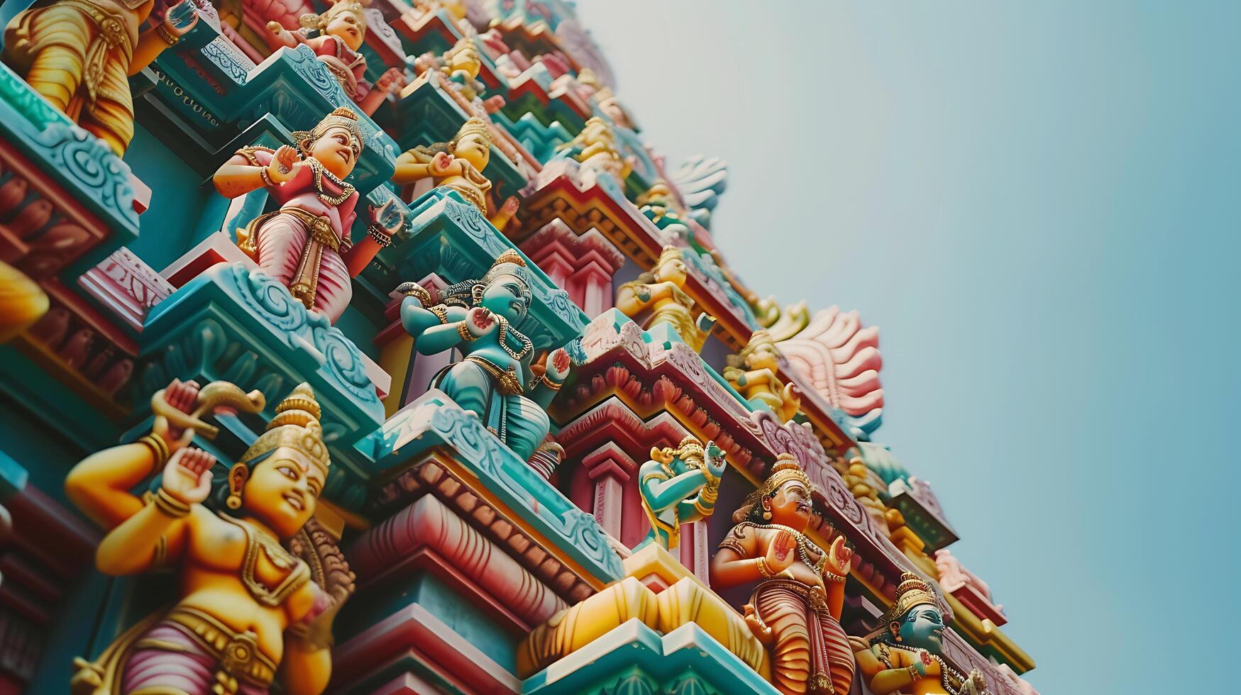 AI generated Vibrant Hindu Temple with Intricate Carvings and Colorful Sculptures Against Clear Blue Sky photo