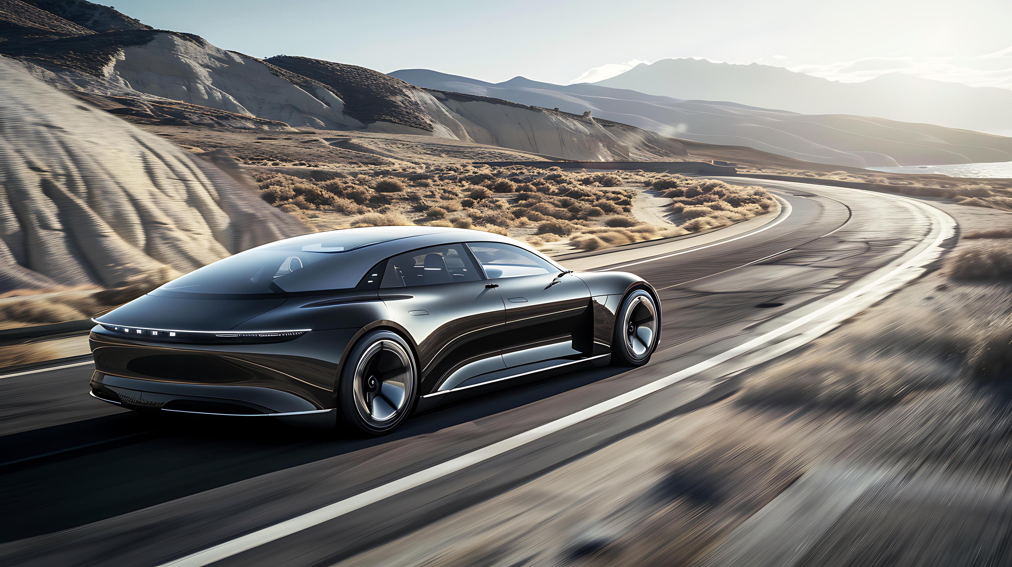 AI generated Sleek Electric Car Navigates Mountain Road Showcasing ...