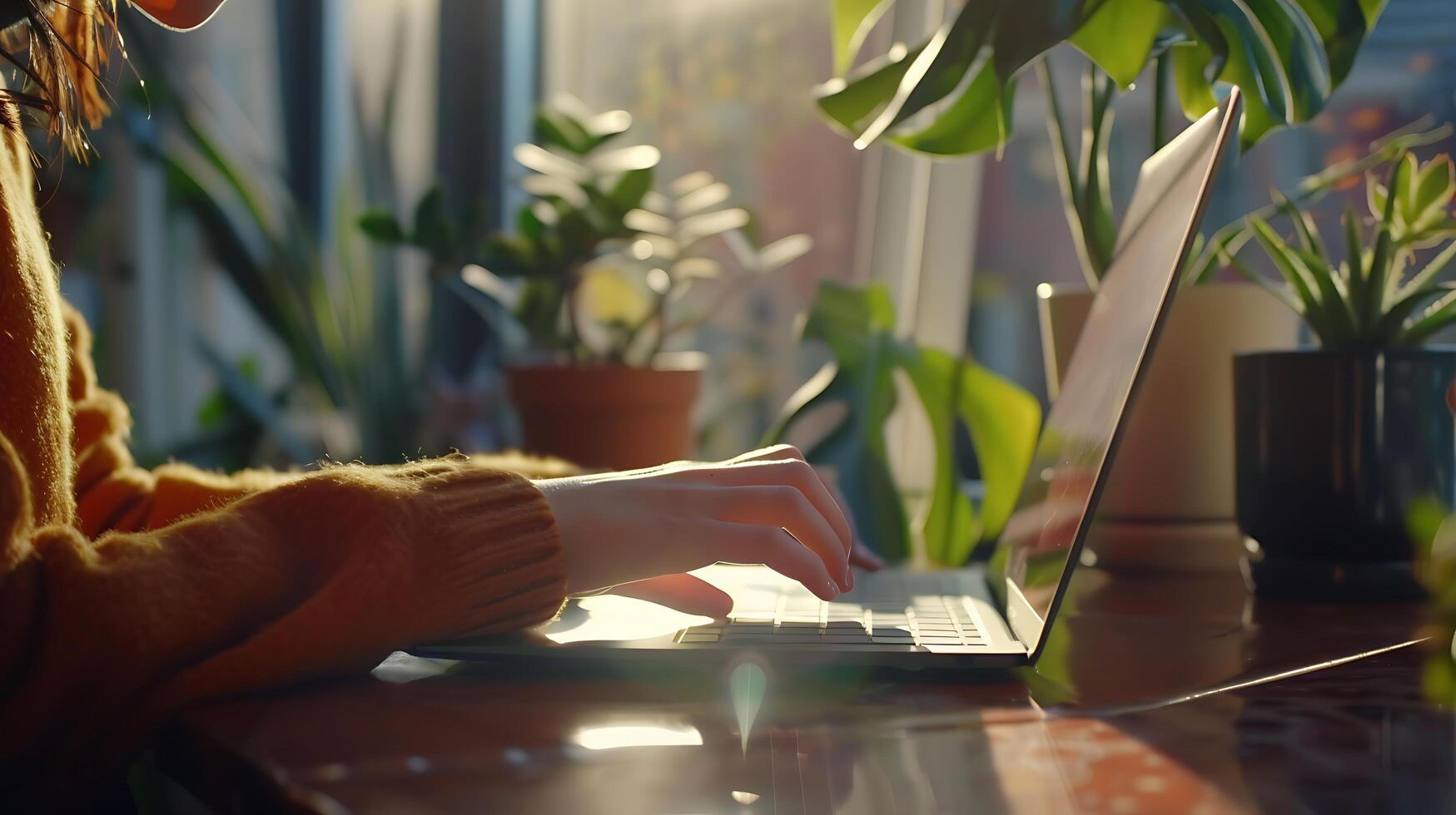 AI generated Woman Engages in Modern Work Environment Typing on Sleek Laptop Bathed in Soft Natural Light photo