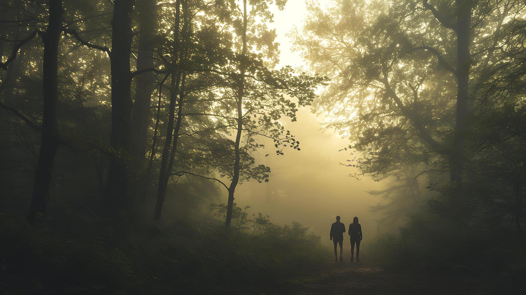 AI generated Embracing Vulnerability Figures Stand in Misty Forest Open to the World Surrounded by Serene Beauty photo