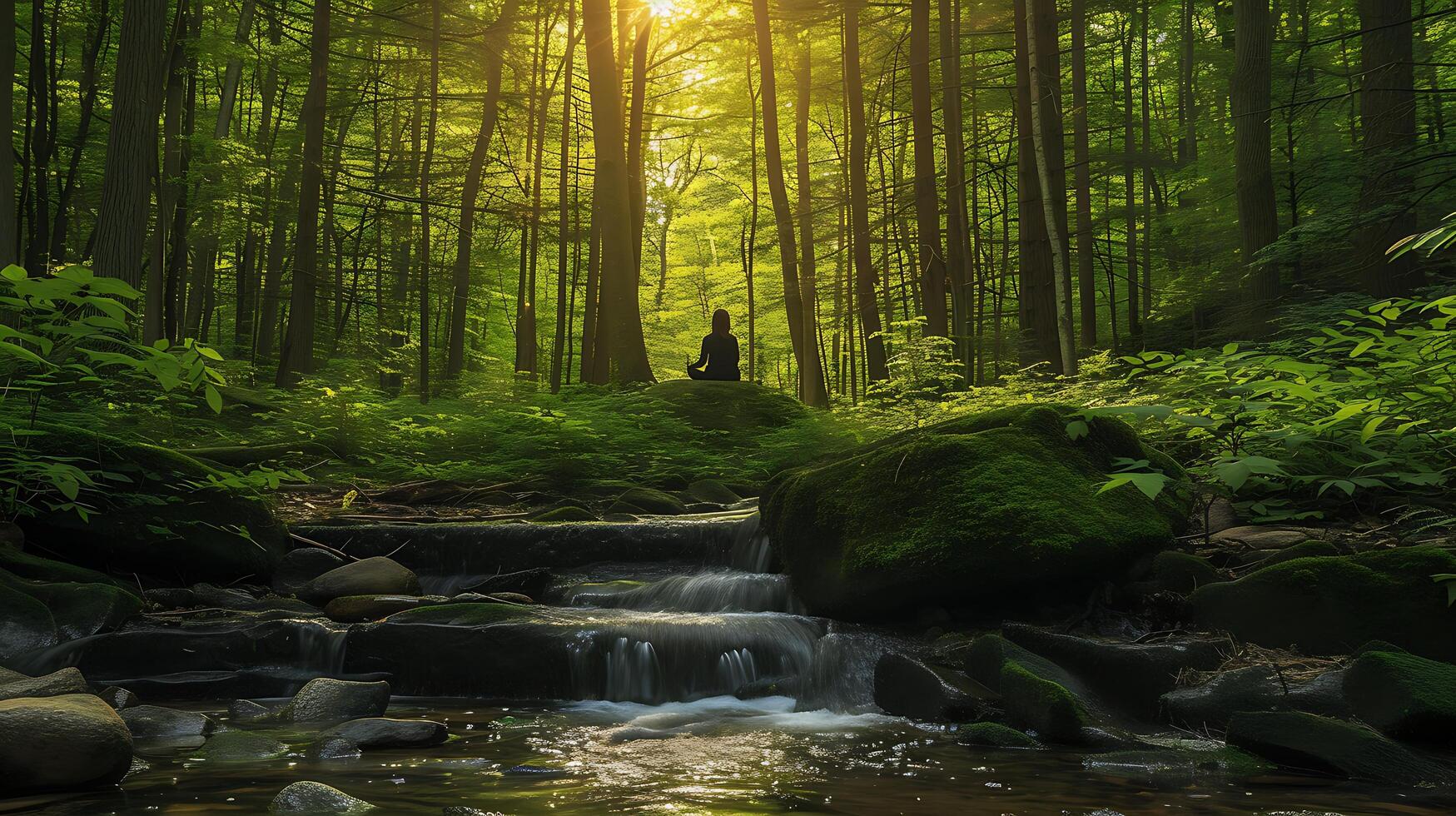 AI generated Tranquil Forest Meditation Serene Golden Light Wildflowers and Gentle Stream Create a Deep Natural Connection photo