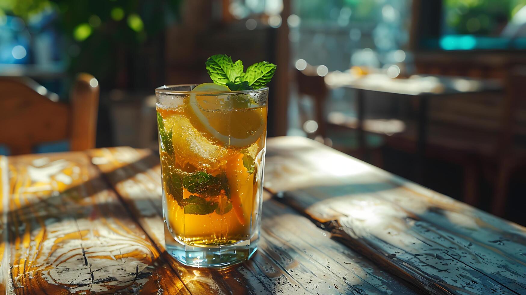 AI generated Refreshing Iced Lemonade Garnished with Lemon and Mint Set against Cheerful Outdoor Patio Background photo