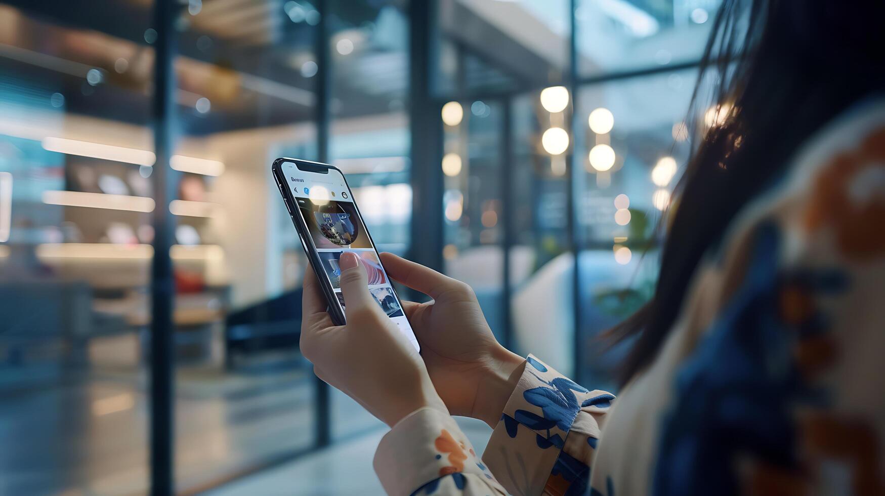 AI generated Woman Engaged with Smartphone Social Media App Displayed on Screen in Modern Office Workspace Ambiance photo