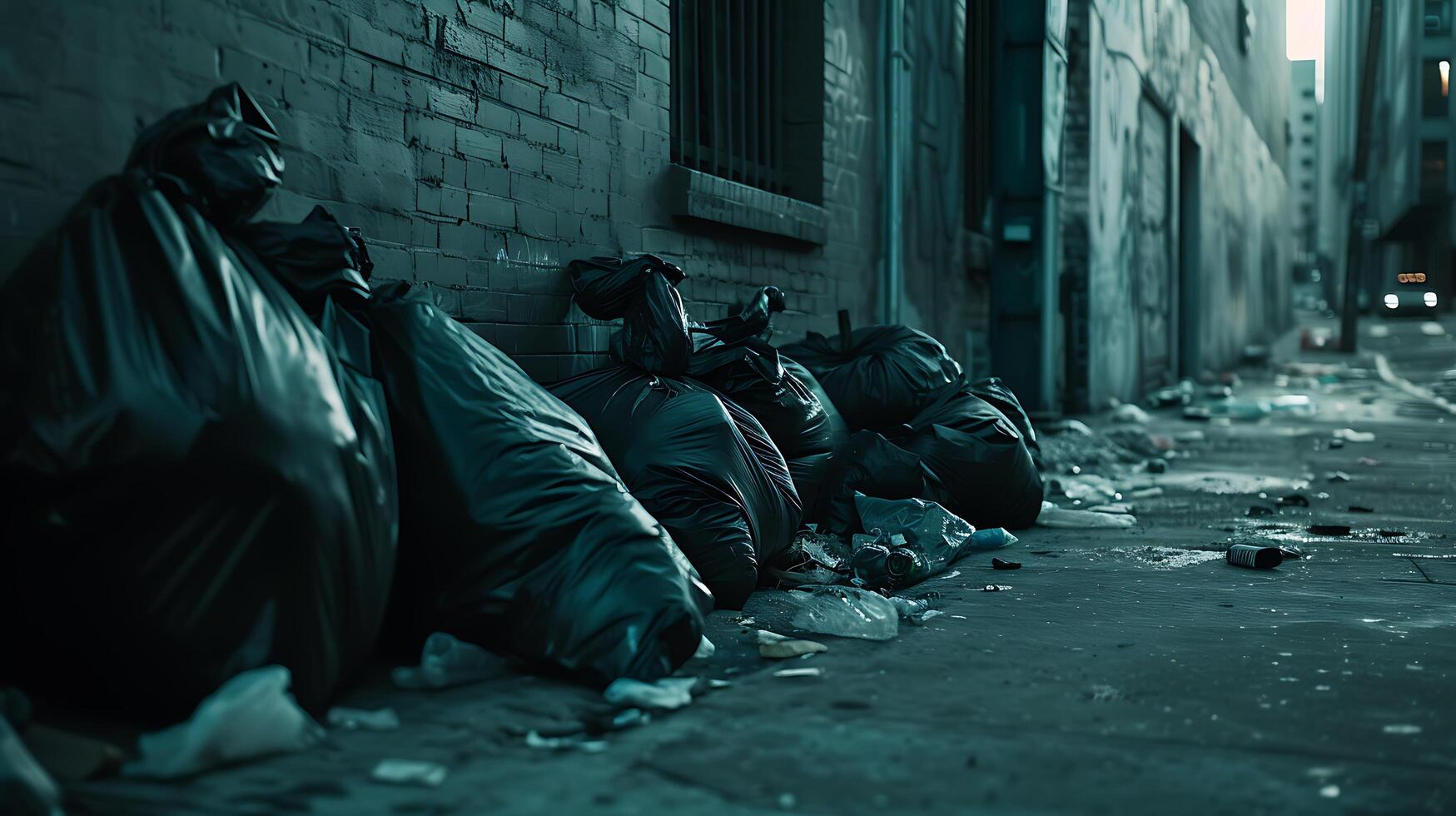 AI generated Homeless Person Huddled On City Street Corner Surrounded by Trash Leaning Against Building with Urban Grungy Backdrop photo