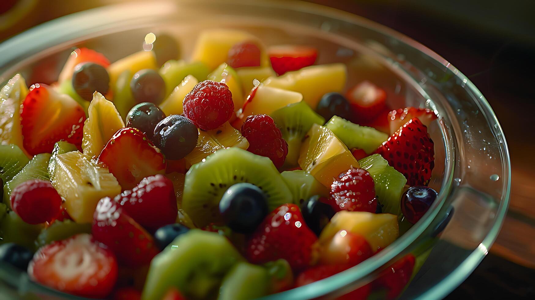 AI generated Vibrant Fruit Salad Delightfully Captured in Soft Light with a 50mm Lens photo