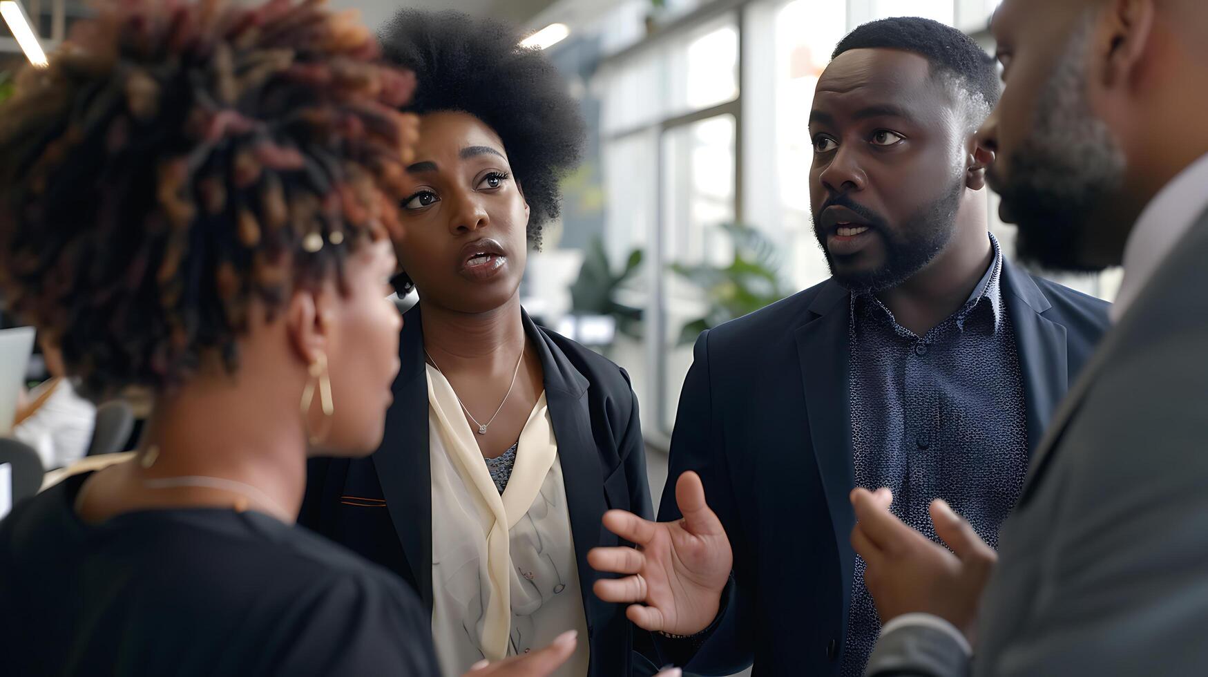 AI generated Diverse Professionals Engage in Intense Discussion in Modern Office Setting Illuminated by Natural Light photo