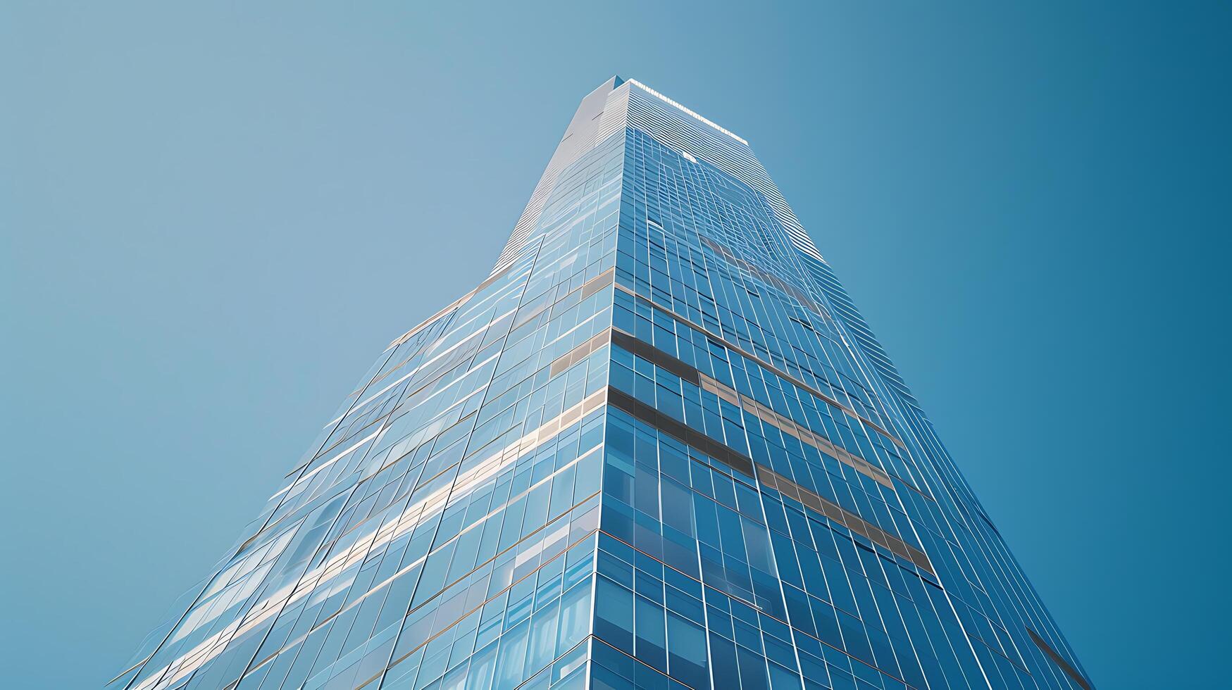 AI generated Modern Glass Skyscraper Soars Against Clear Blue Sky in Wide LowAngle Telephoto Shot photo