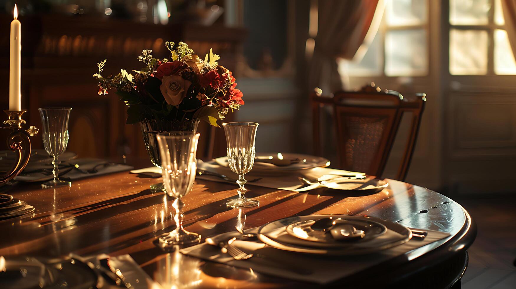 AI generated Elegant Dinner Setting with Polished Silverware Crystal Glasses and Fresh Flowers Bathed in Soft Natural Light photo