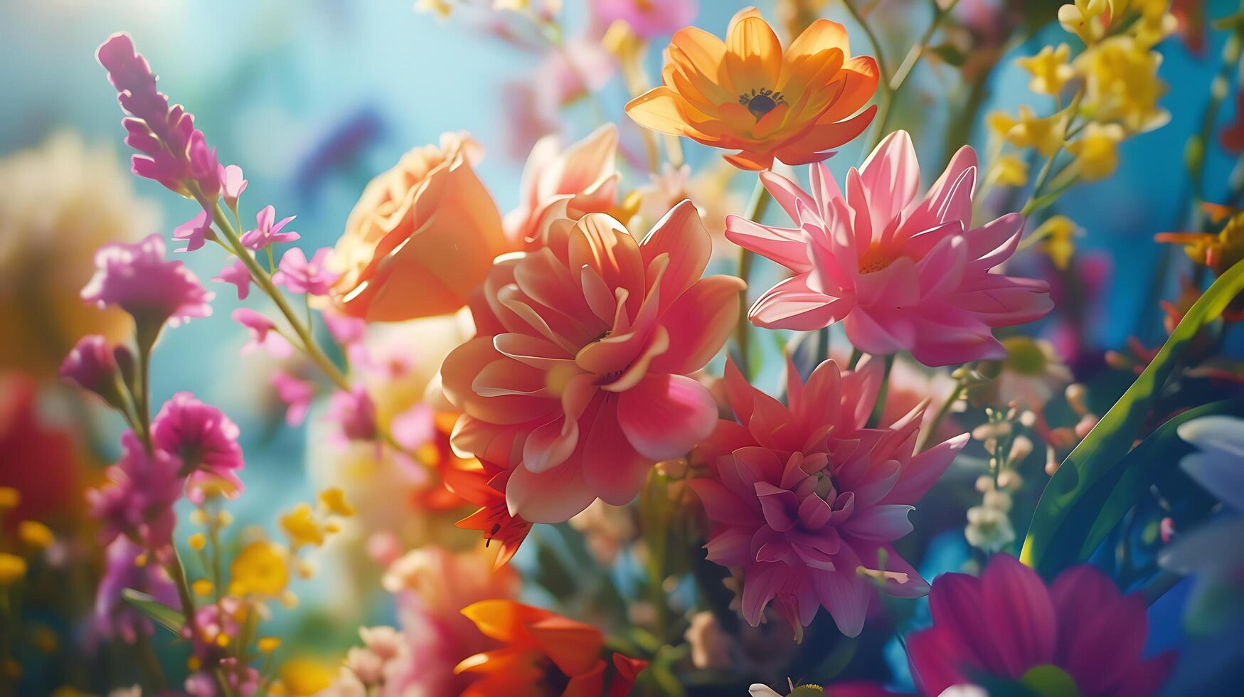 AI generated Vibrant Bouquet Blossoms in Rustic Wooden Vase Against Soft Background photo