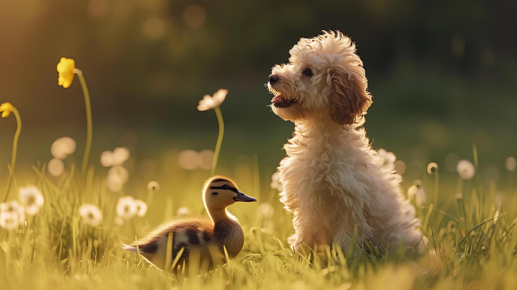 AI generated Unlikely Duo Dog and Duck Forge Heartwarming Bond in Meadow Bathed in Sunlight and Joyful Companionship photo