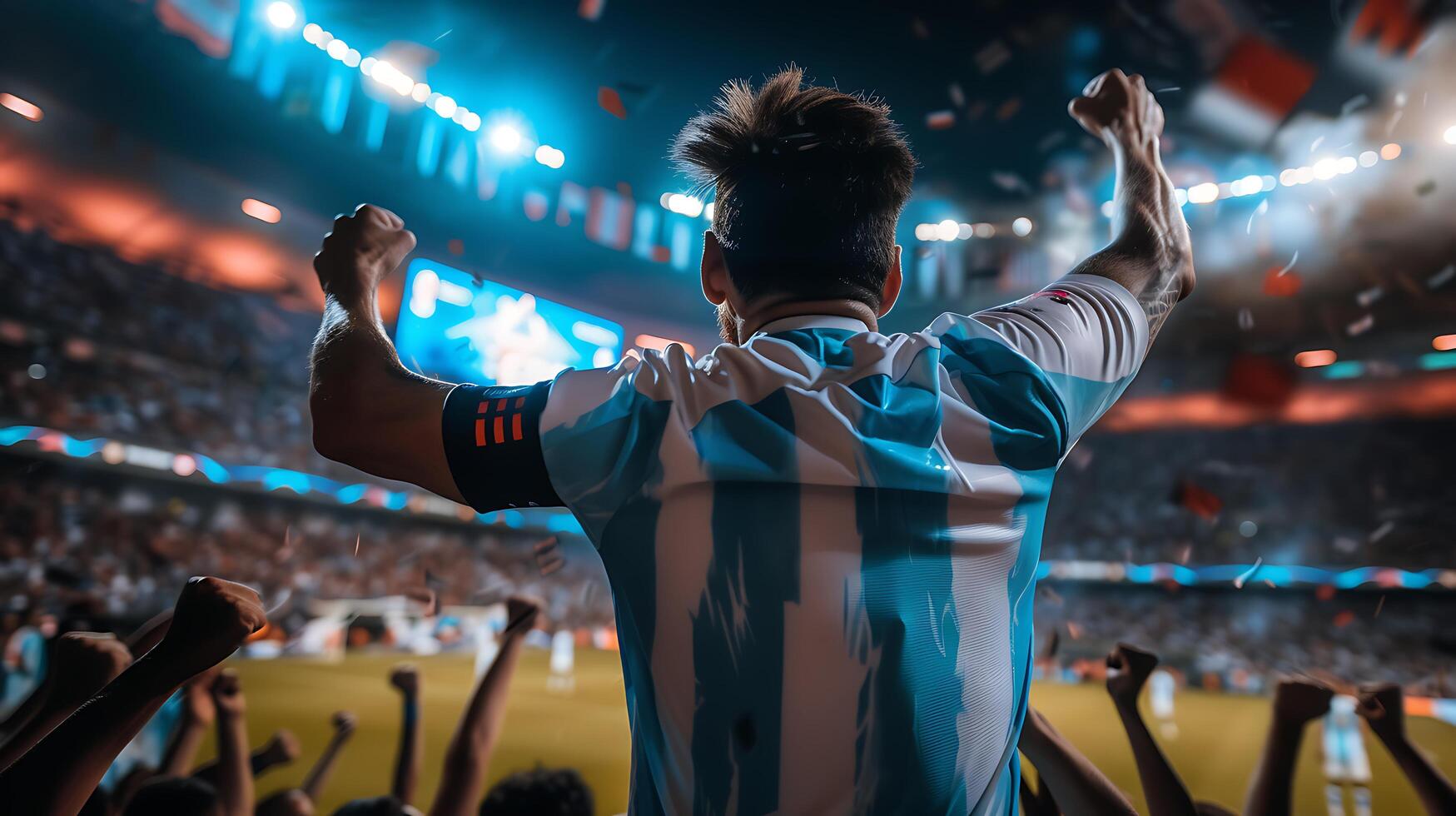 AI generated Midair Soccer Kick Player Strikes Ball as Fans Cheer photo