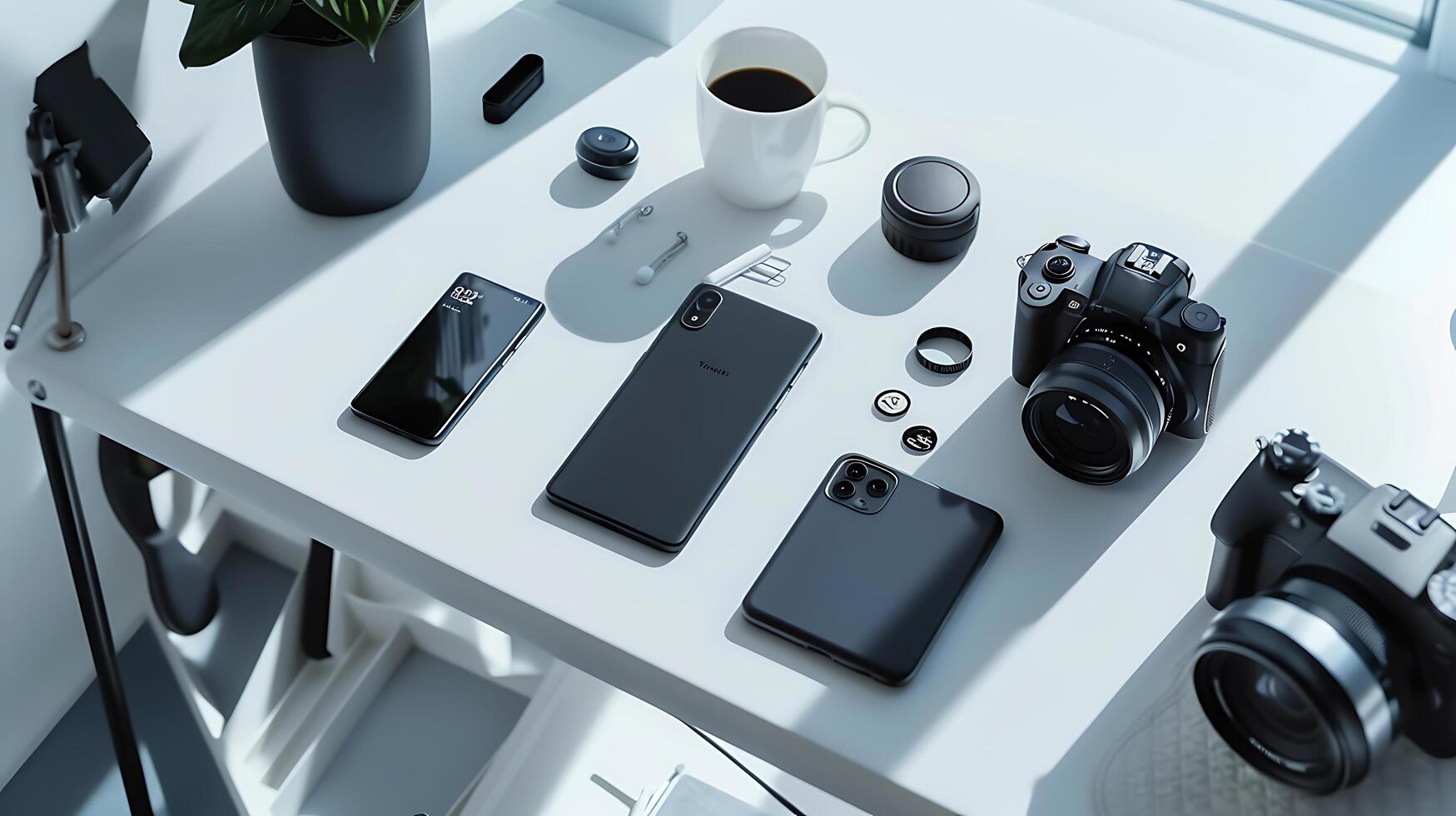 AI generated Modern Smartphone and Accessories Arranged on Clean Desk Bathed in Soft Natural Light photo