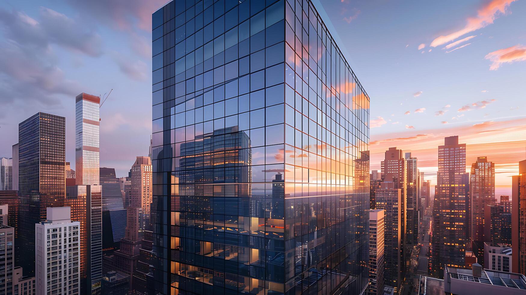 AI generated Urban Reflection Skyscrapers Design and City Skyline Captured in Wide Telephoto Shot photo