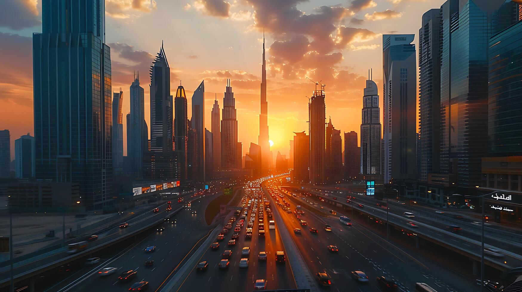 AI generated Sunset Cityscape Modern Skyline and Busy Highway Captured from Elevated Position photo