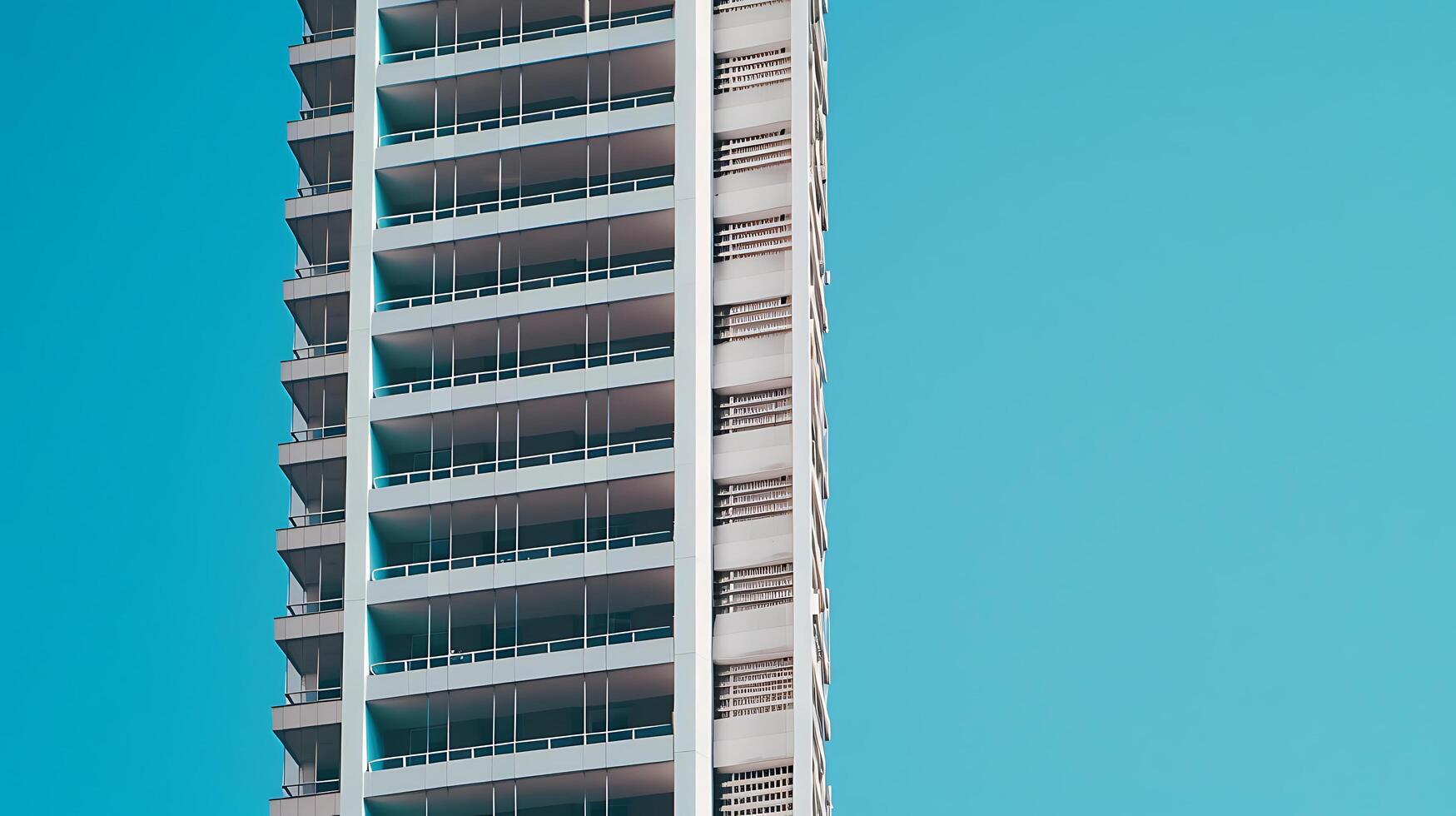 AI generated Sleek Modern Skyscraper Captured Against Clear Blue Sky with 50mm Lens Emphasizing Reflective Glass Facade photo