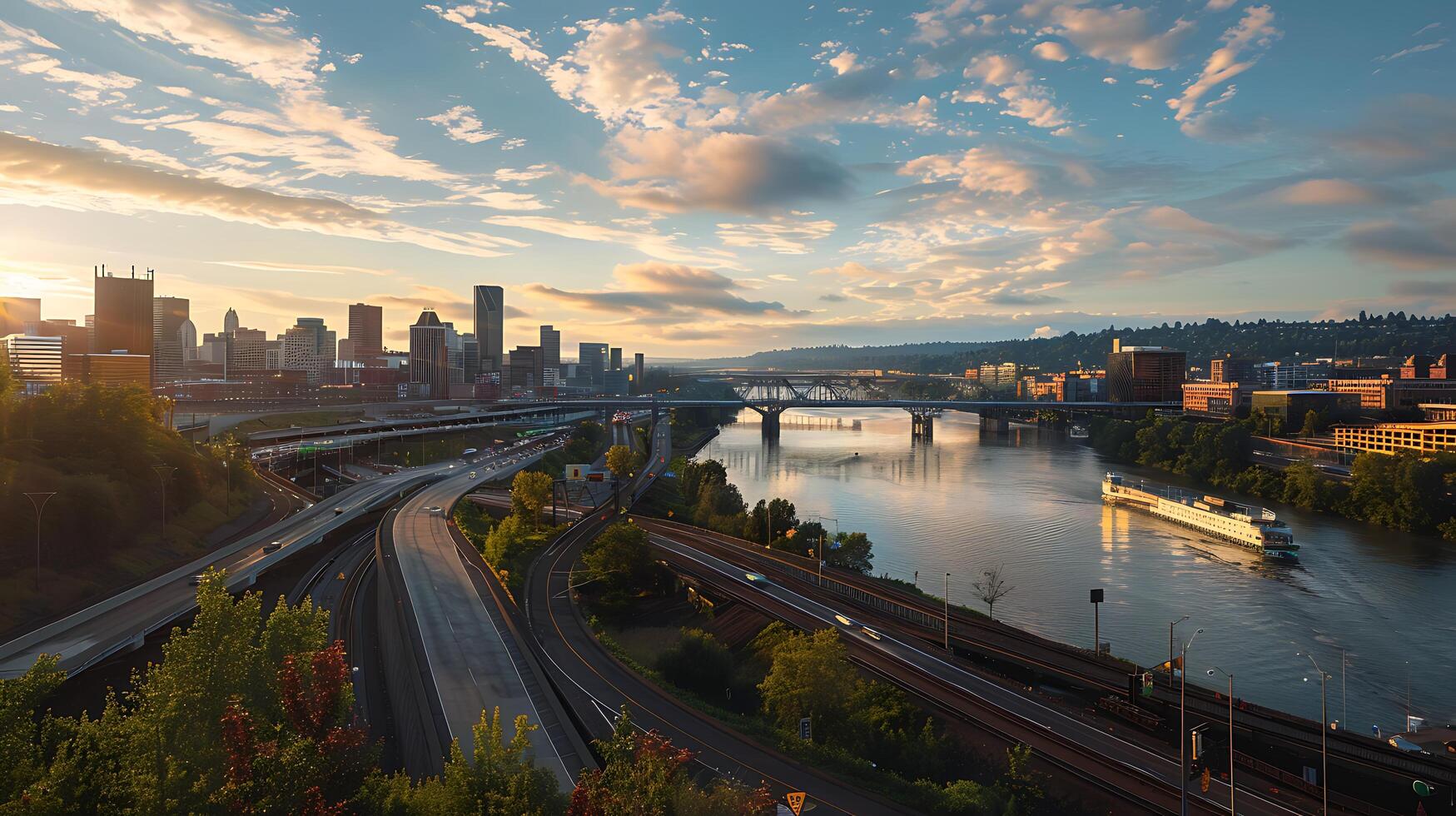 AI generated City Skyline and River A Transportation Infrastructure Tapestry Captured in Wide Telephoto Shot photo