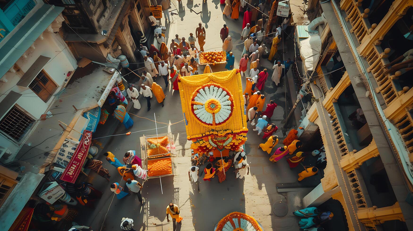 AI generated Vibrant Hindu Festival Procession Traditional Attire Colorful Banners and Religious Symbols in a Street Parade photo