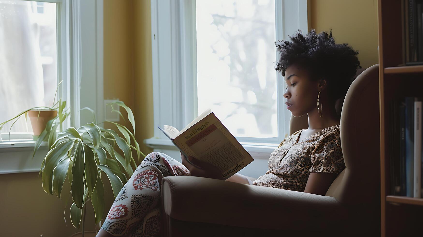 AI generated Young Woman Embraces Cozy Home Office Setup with Laptop and Headphones Bathed in Soft Natural Light photo