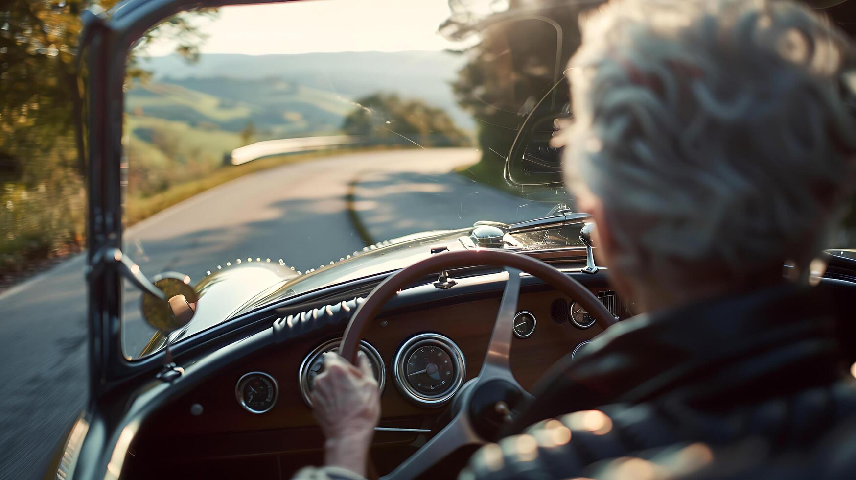 AI generated Senior Woman Drives Vintage Car on Scenic Country Road Steering Wheel and Dashboard in Focus Winding Road in Background photo