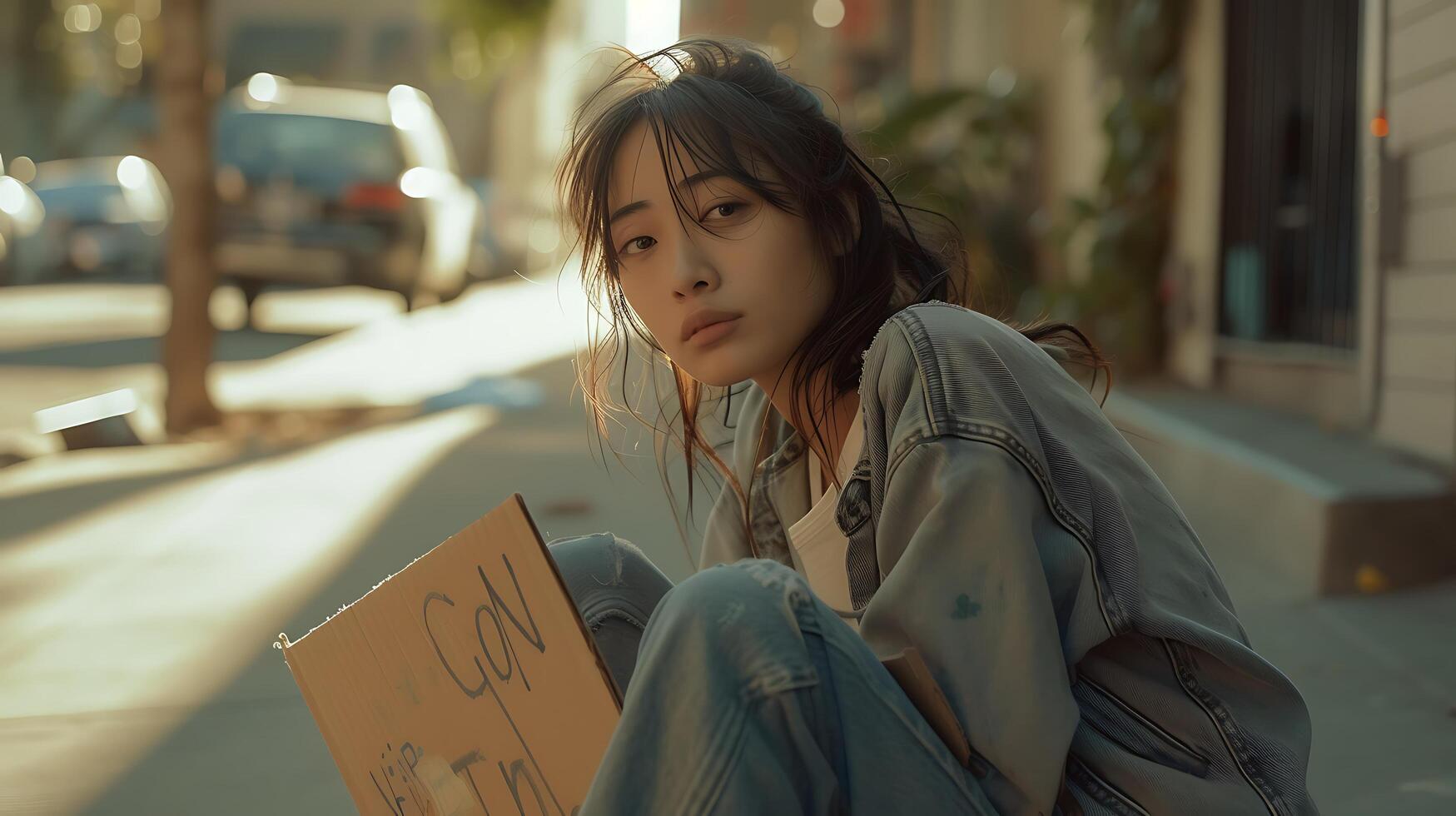 AI generated Young Homeless Woman Holds Sign in Soft Natural Light on Sidewalk photo