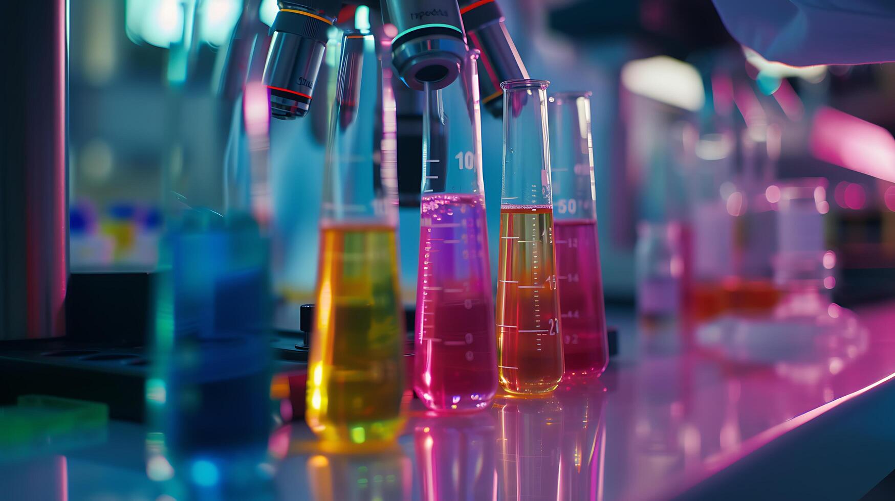 AI generated Colorful Chemical Experiment Scientist Adjusting Microscope Amid Test Tubes and Beakers photo