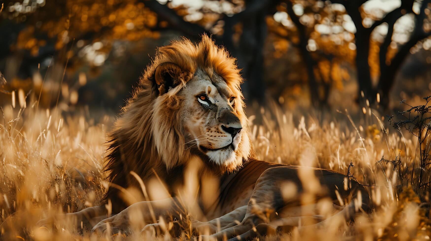 AI generated Majestic Lion Rests in Golden Savannah Grass Framed by Blurred Acacia Trees photo