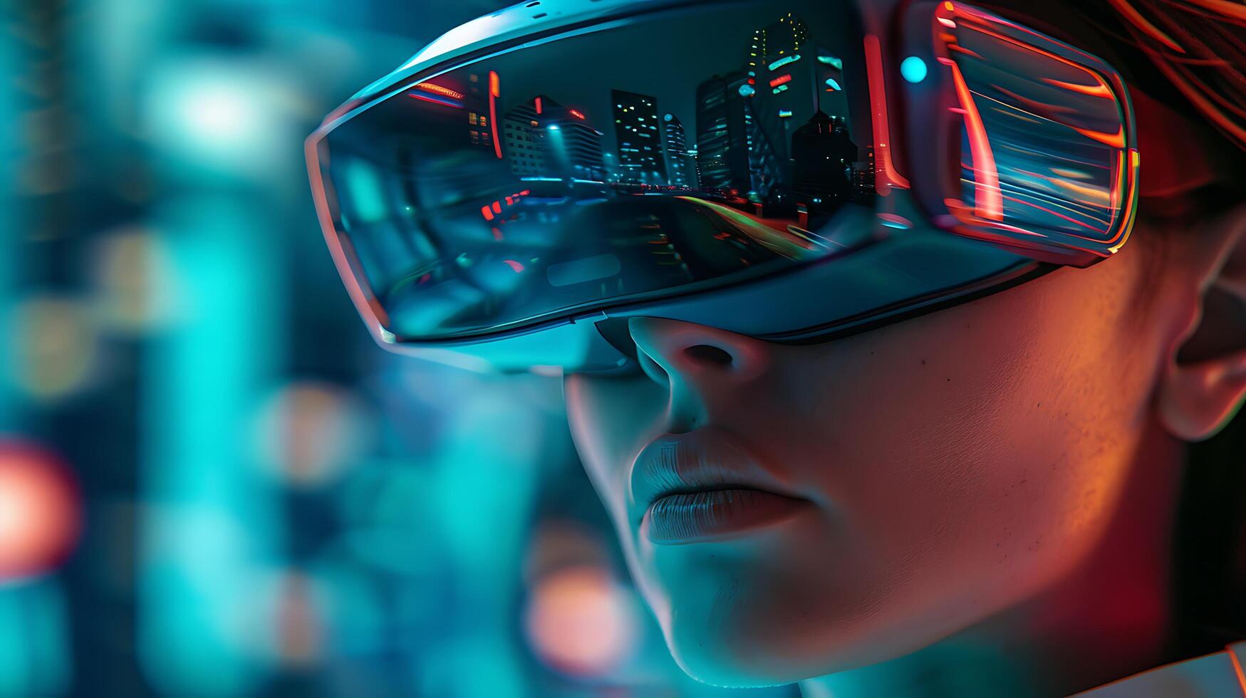 AI generated Virtual Reality Experience Woman Engaged with Colorful Futuristic Graphics photo