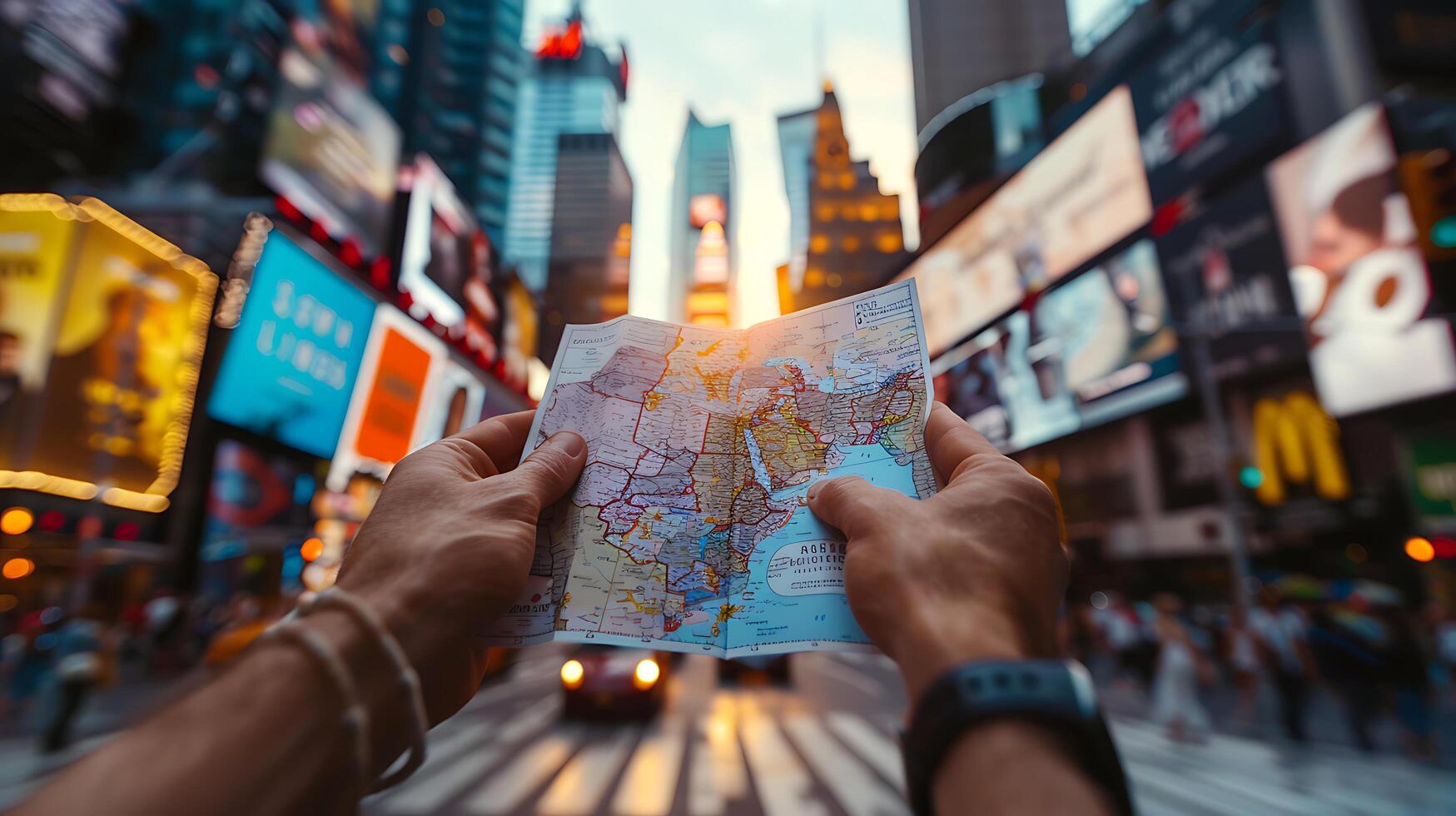 AI generated Travelers Hands Hold Map in Vibrant City A 50mm Lens Perspective photo