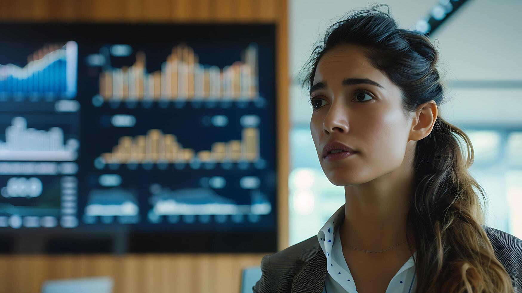 AI generated Young Businesswoman Delivers Presentation in Modern Conference Room with Financial Graphs Displayed on TV photo