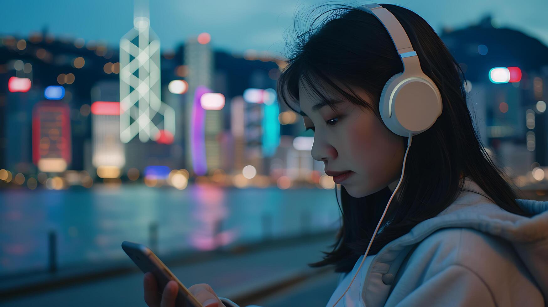 ai generado joven mujer sonrisas en inalámbrico auriculares escuchando a música con teléfono inteligente rodeado por vistoso tecnología artilugio foto