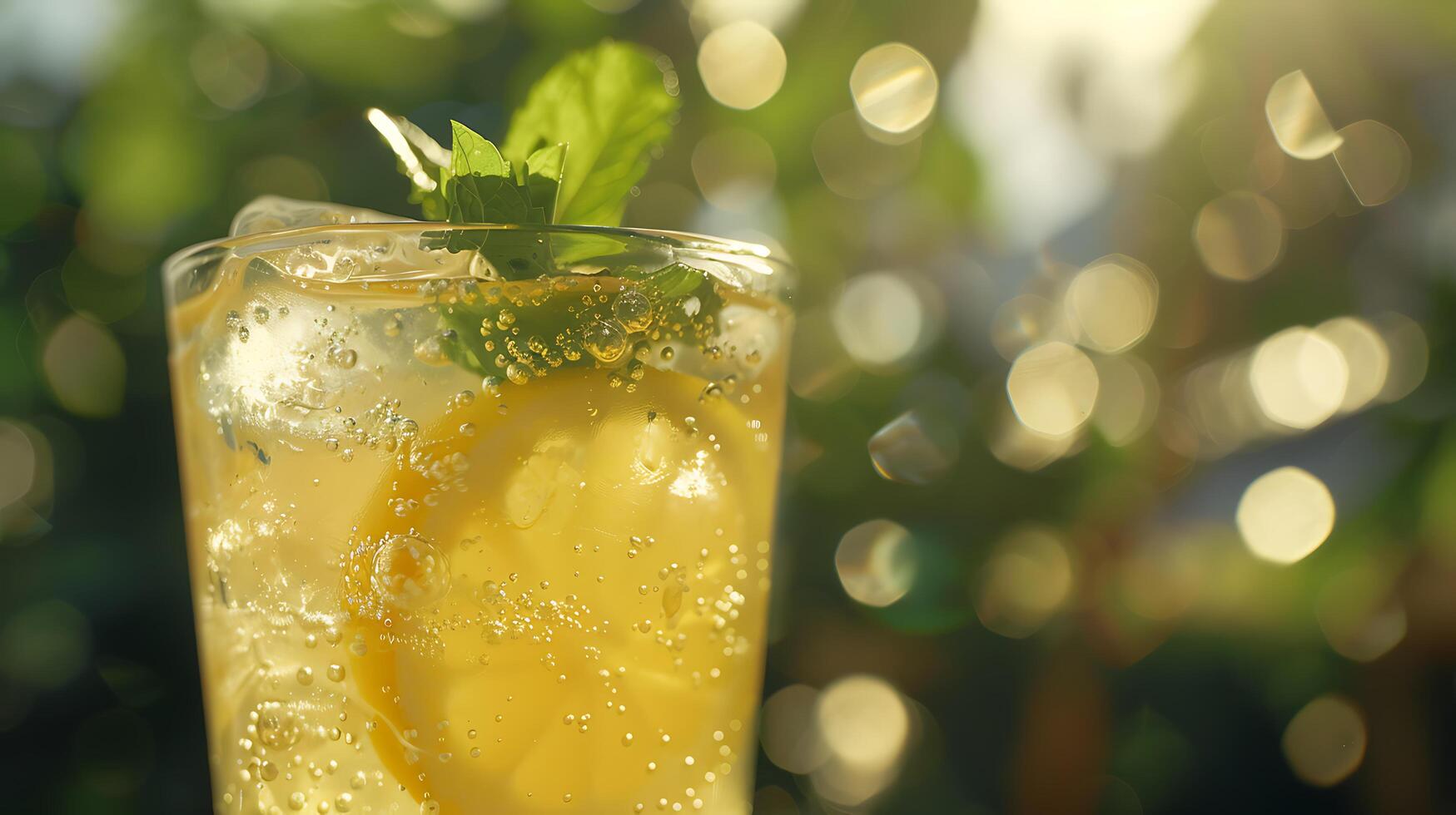 AI generated Refreshing Lemonade Delight CloseUp Capturing Condensation Ice Lemon and Mint with 50mm Lens photo