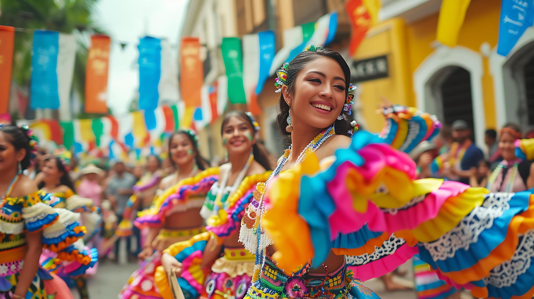 ai generado vibrante desfile bailarines música comida unidad y celebracion en el corazón de cultural diversidad foto