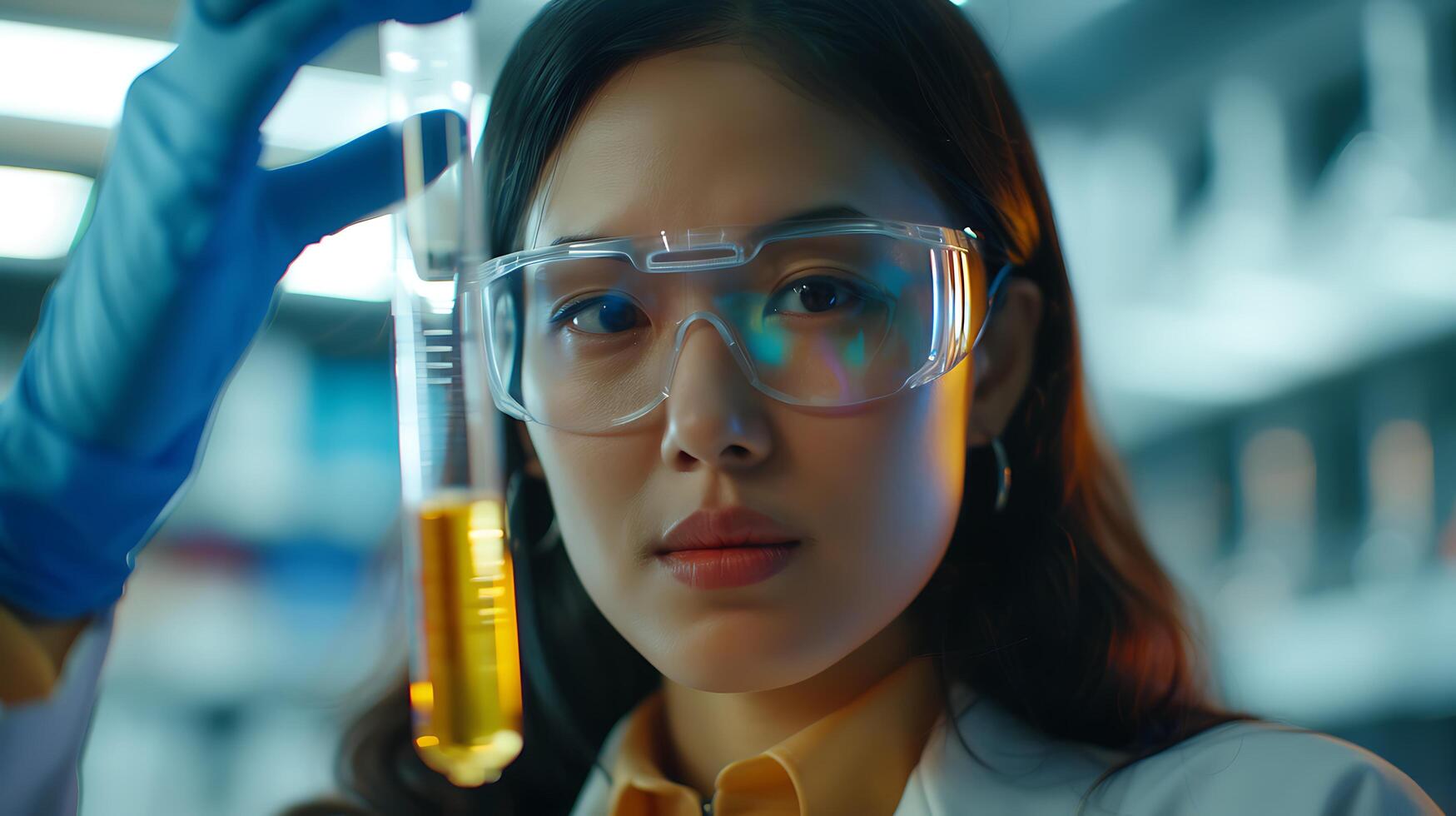 AI generated Female Scientist Conducts Experiment in Laboratory Pouring Blue Liquid into Flask Amidst Scientific Equipment and Chemical Solutions photo