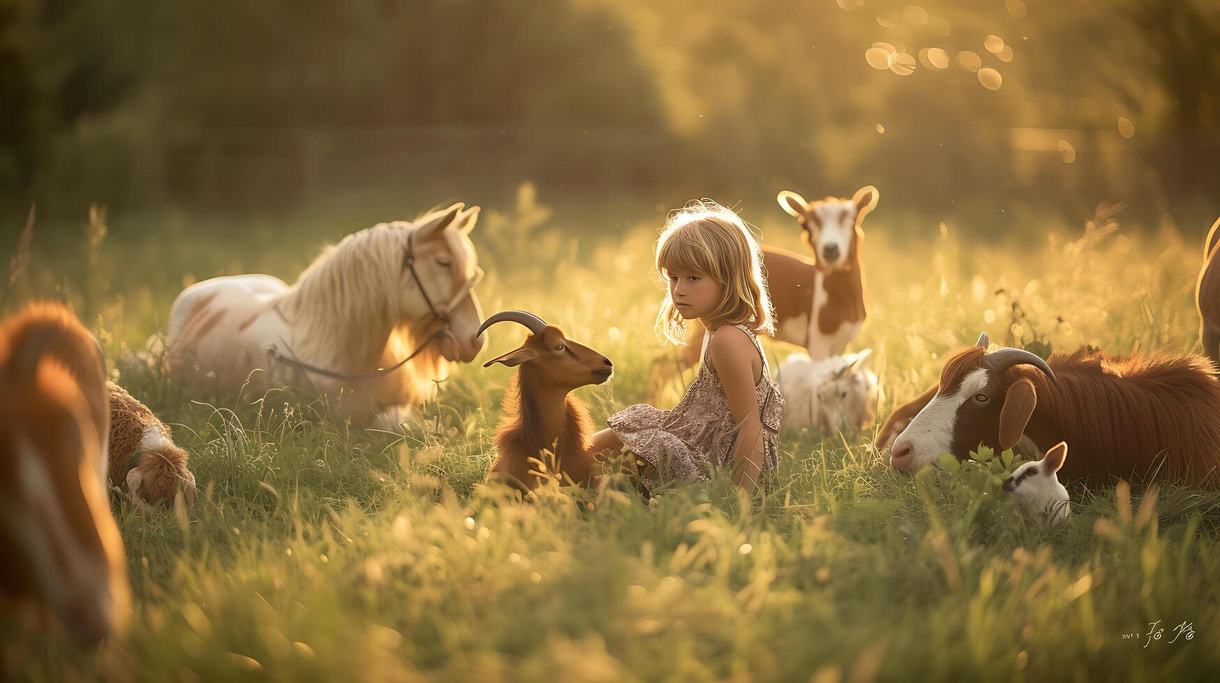 AI generated Tranquil Bond Girl Animals and Nature in Warm Afternoon Glow photo