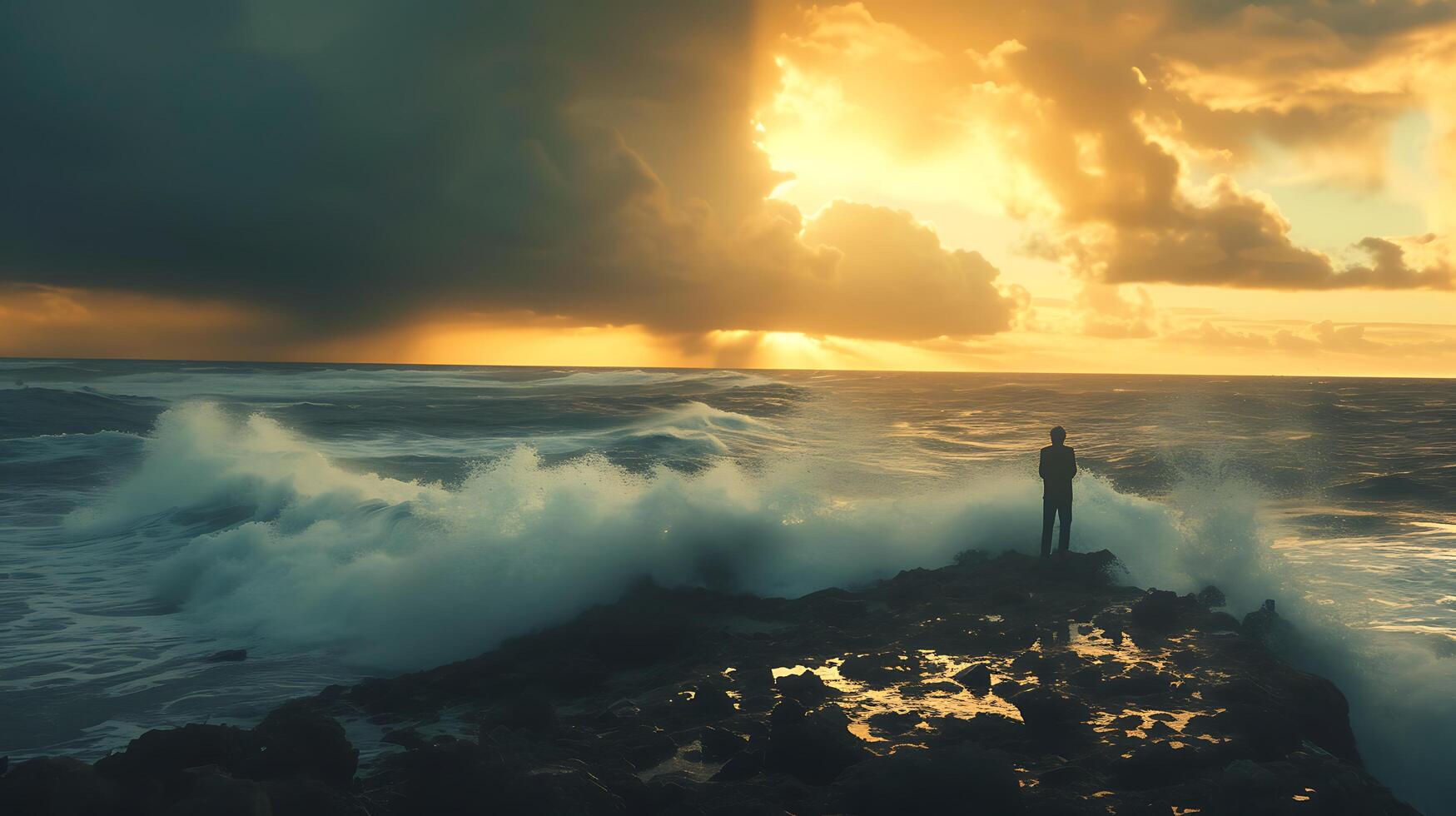 AI generated Resilient Figure Gazes at Turbulent Ocean Pierced by Hopeful Sunlight amid Dark Storm Clouds photo