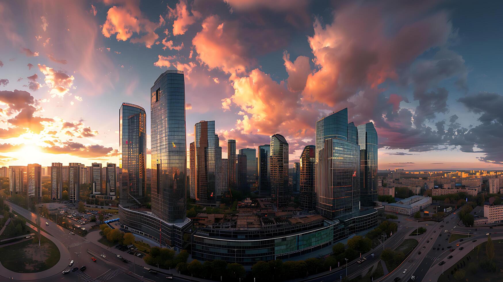 AI generated Modern City Skyline Aglow at Sunset Reflecting Warm Sunlight and Billowing Clouds photo
