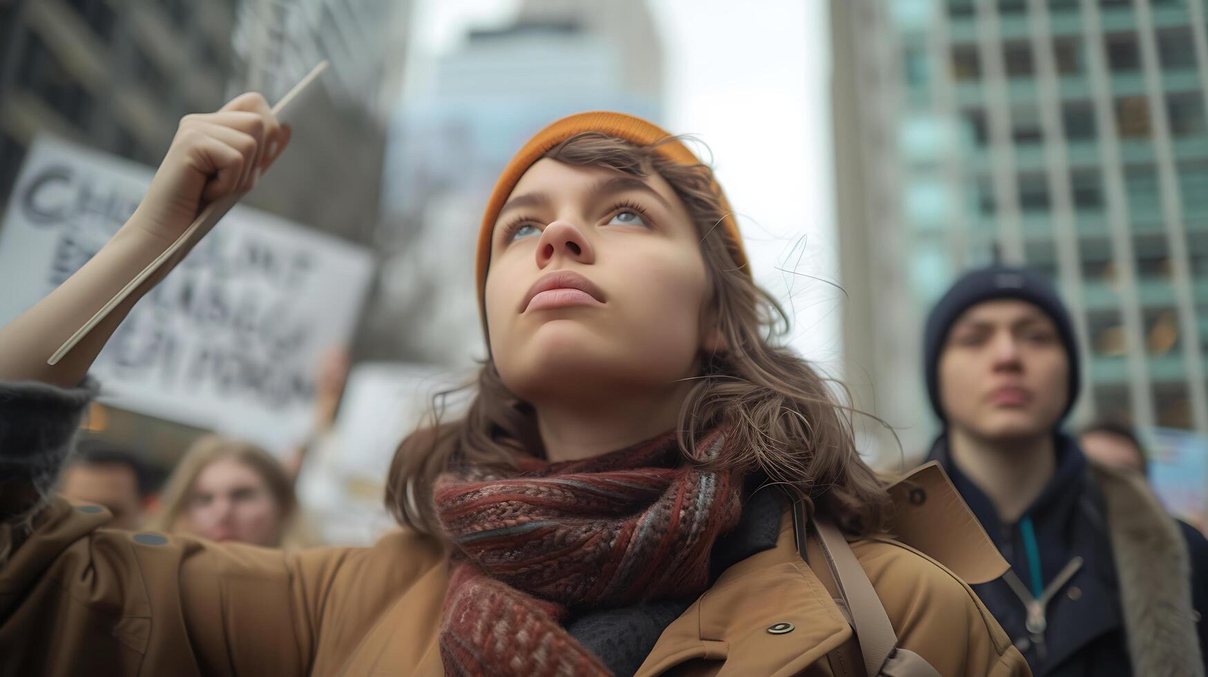 AI generated Young Activist Leads Protest March Amid Cityscape Backdrop photo